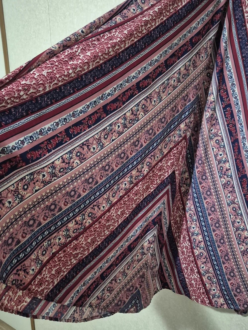 Bohemian Pink Patterned Maxi Skirt with Navy Accents